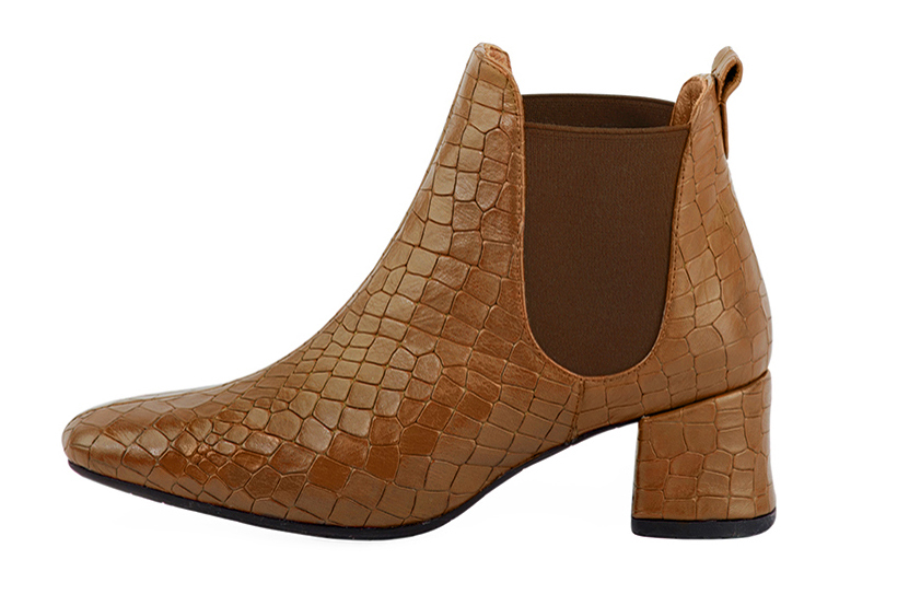 Caramel brown women's ankle boots, with elastics. Square toe. Low flare heels. Profile view - Florence KOOIJMAN